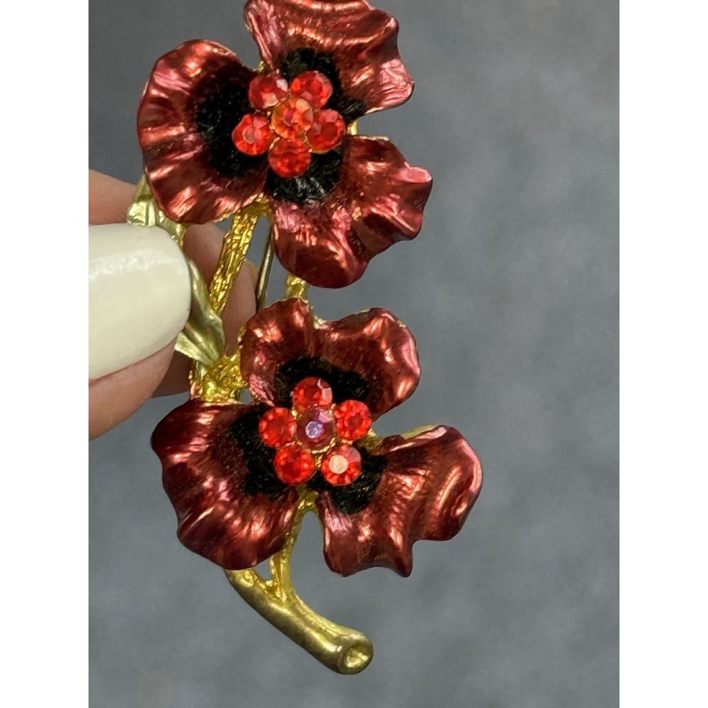Vintage Enamel Red Rhinestone Flower Floral Jewelry Brooch Pin Good Toned - Picture 4 of 10